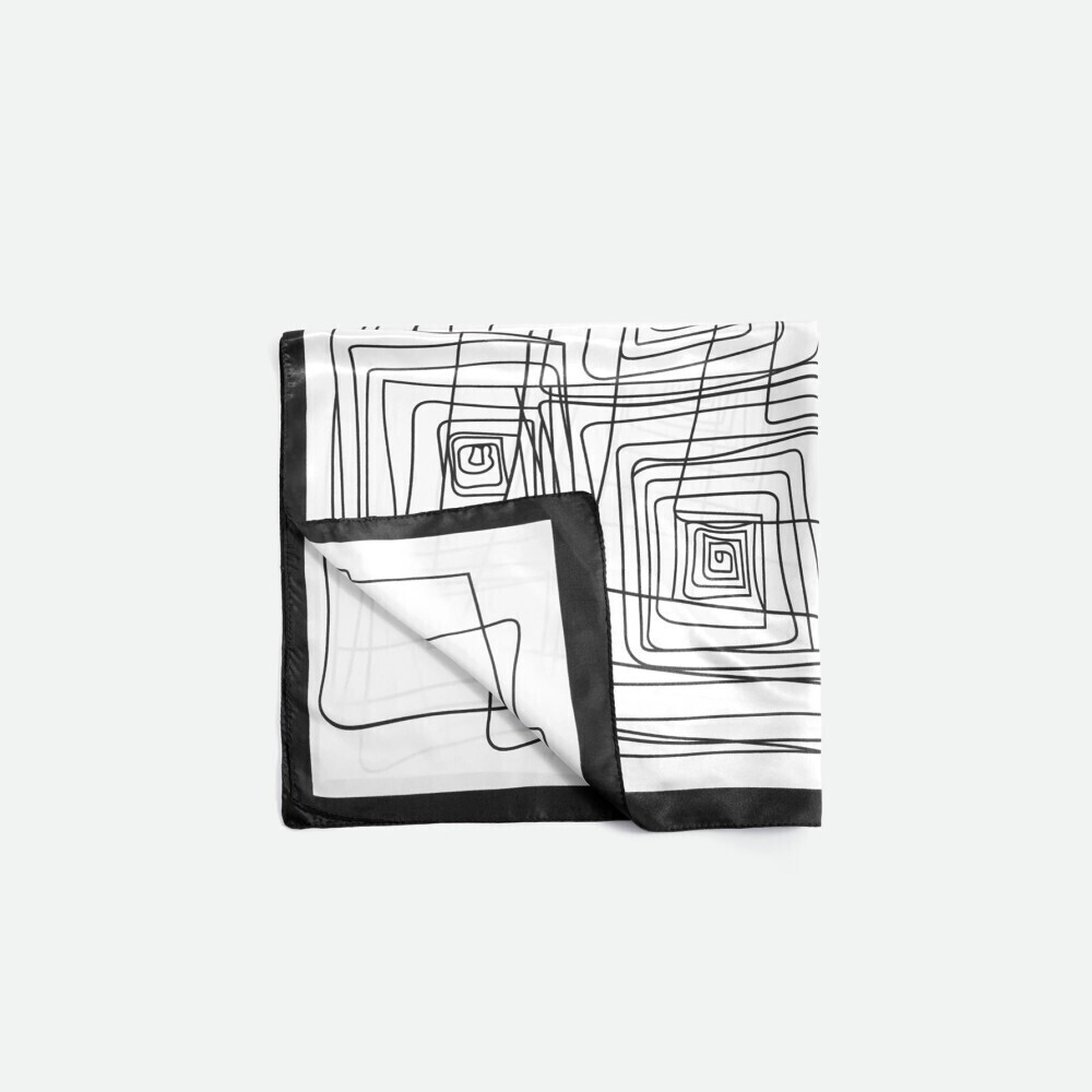 Ivory Black Border Abstract Line Print Satin Square Scarf